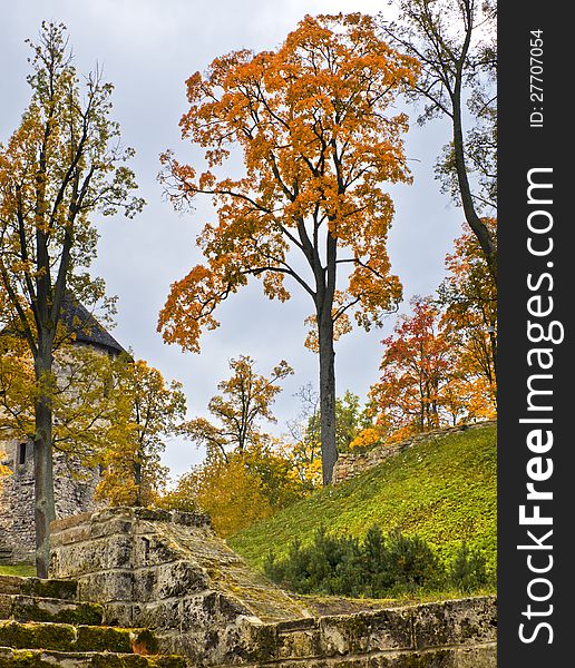 Ancient castle and  mossy stone stairs  in  colorful autumnal park , Cesis, Latvia, Europe. Ancient castle and  mossy stone stairs  in  colorful autumnal park , Cesis, Latvia, Europe