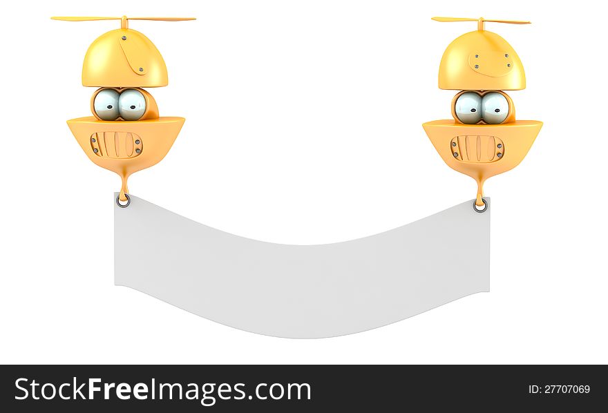 Cartoon flying characters with blank banner isolated on white background