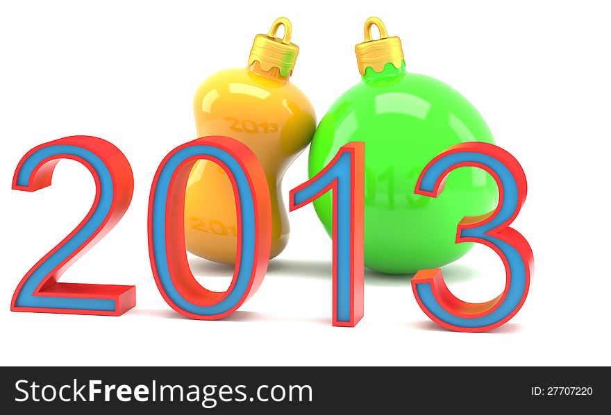 Christmas baubles with 2013 in front on white background