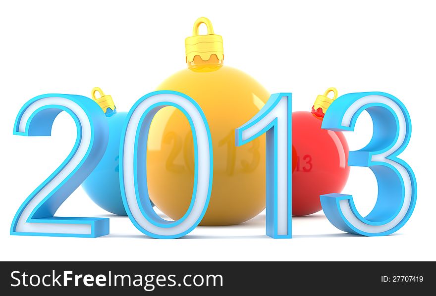 Christmas baubles with 2013 in front  on white background
