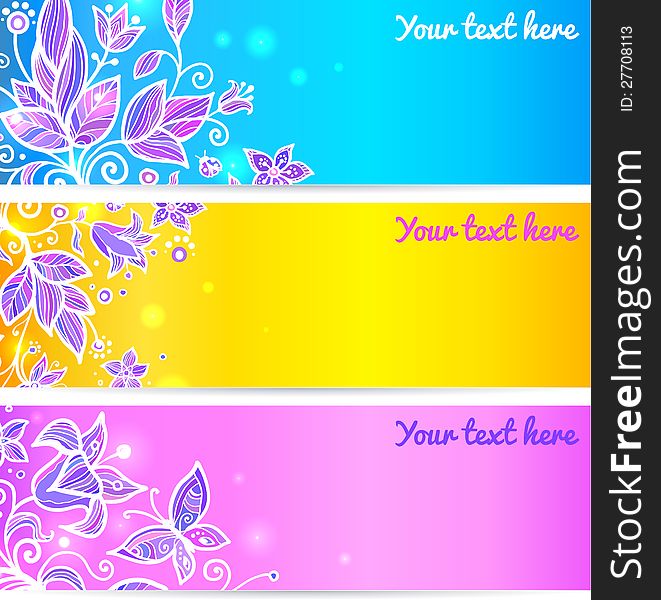 Colorful blue, yellow and violet doodle flowers banners