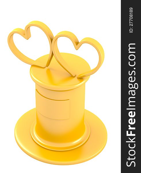 Two abstract hearts on golden pedestal isolated on white background