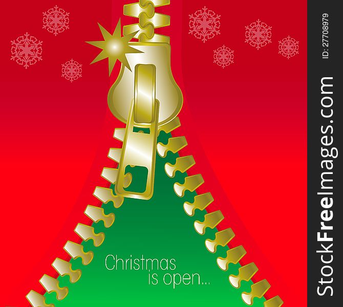 Christmas open golden metalic zip square greetings card, seasonal mood. Christmas open golden metalic zip square greetings card, seasonal mood