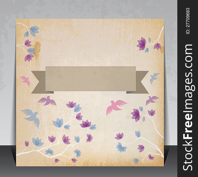 Vintage Invitation card with flowers and birds