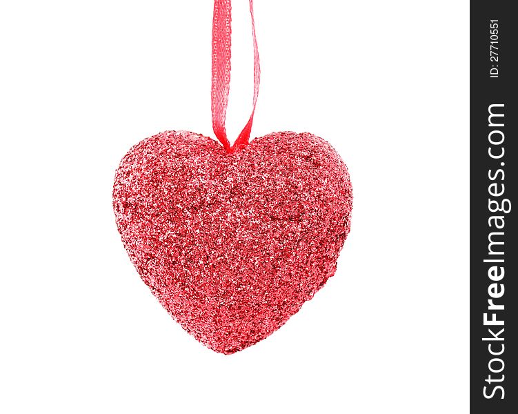Hanging Christmas heart with silver beads  isolated on white background