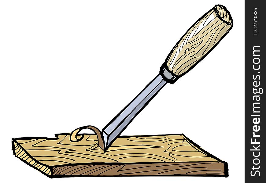 Hand drawn illustration of the chisel with plank