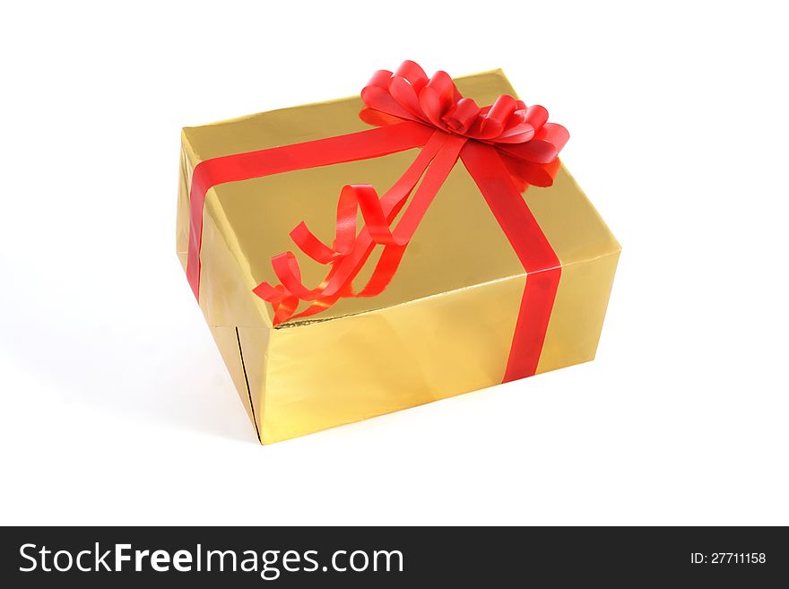 Gift box with red tape on white background