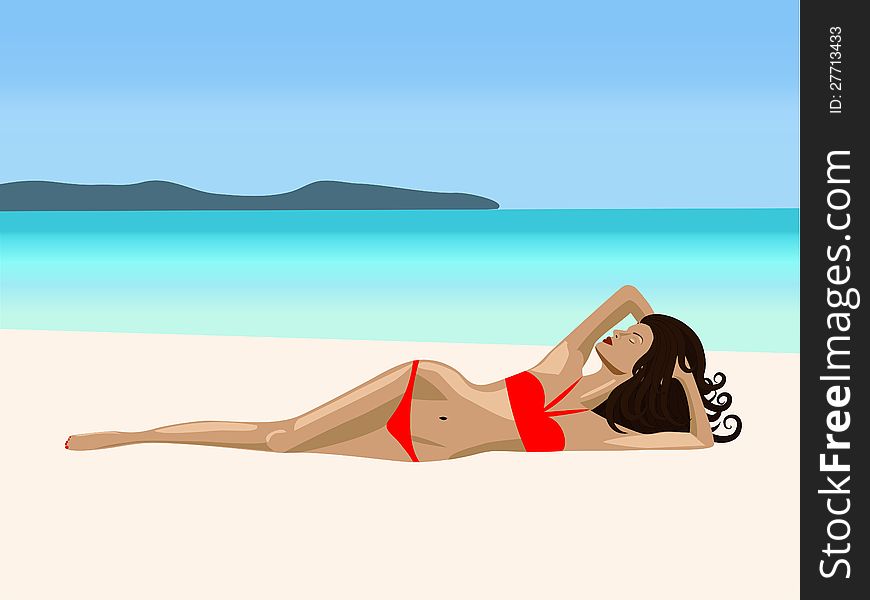 A  girl is lying on a beach in a rad bikini. A  girl is lying on a beach in a rad bikini
