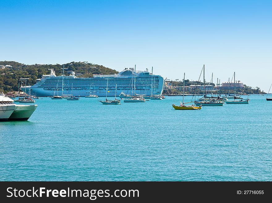 Cruise ship anchored in port for the day in St. Thomas, US Virgin Islands