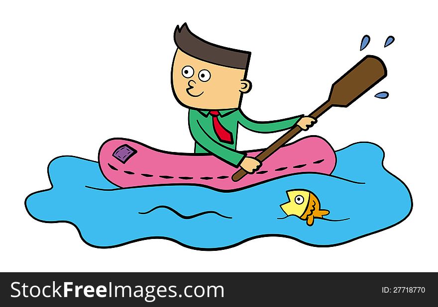 A business man paddling while riding a rubber raft. A business man paddling while riding a rubber raft