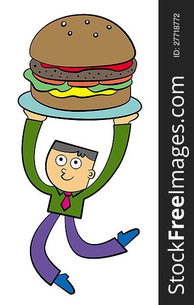 A cartoon man in business attire carrying a giant burger. A cartoon man in business attire carrying a giant burger