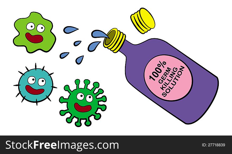 Three cute germs moving away from a bottle that has a germ killing solution word. Three cute germs moving away from a bottle that has a germ killing solution word