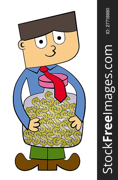 A cute cartoon business man holding a jar full of dollar signs. A cute cartoon business man holding a jar full of dollar signs