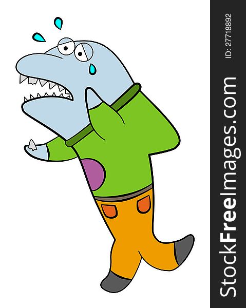 A cartoon shark crying while holding a broken tooth. A cartoon shark crying while holding a broken tooth