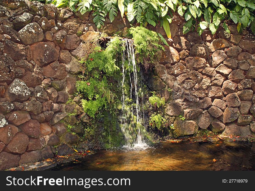 A cascading waterfall in the rainforest of the Allerton Gardens in the National Tropical Botanical Gardens on the Island of Kauai, Hawall. The clear water falls gently into a small pool of clear water, over a cliff of rocks that were assembled by humans. Photo taken on May 21, 2012. A cascading waterfall in the rainforest of the Allerton Gardens in the National Tropical Botanical Gardens on the Island of Kauai, Hawall. The clear water falls gently into a small pool of clear water, over a cliff of rocks that were assembled by humans. Photo taken on May 21, 2012