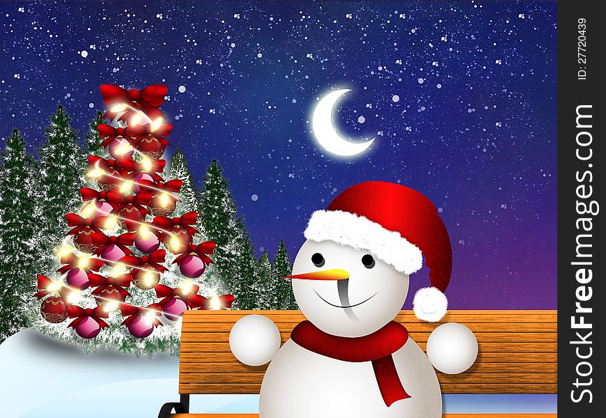 Illustration of snowman sitting on a bench at night time. Illustration of snowman sitting on a bench at night time.