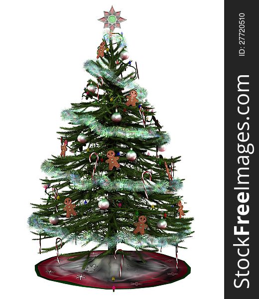 3D digital rendered illustration of decorated christmas tree on white background.