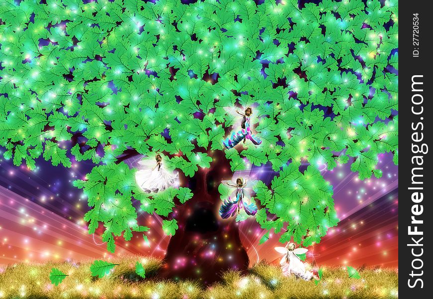 Illustration of a fantasy oak tree with fairies background. Illustration of a fantasy oak tree with fairies background.