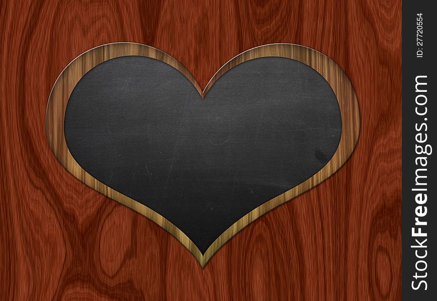 Illustration of blank heart shaped chalkboard on wooden backbround.