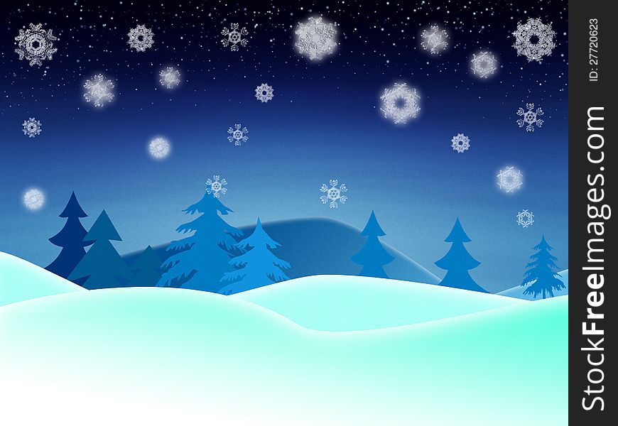 Illustration of night winter landscape with snowflakes background. Illustration of night winter landscape with snowflakes background.
