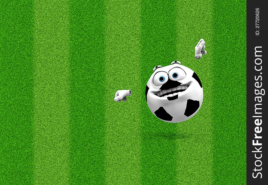 Illustration of 3d soccer ball smile on green grass.