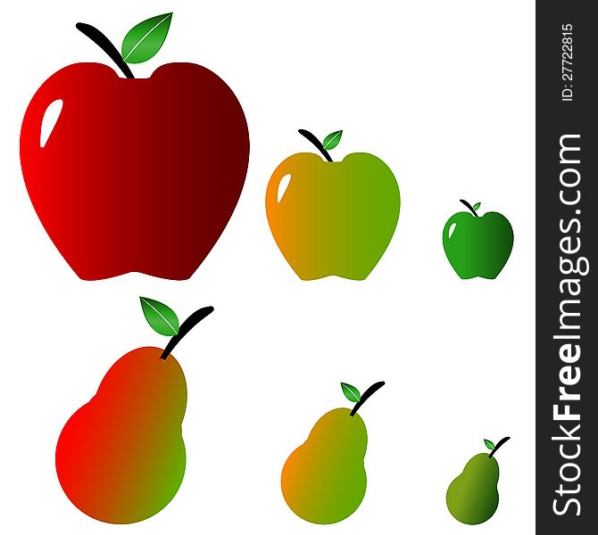 Concept from apples and pears of various extent of maturing. Concept from apples and pears of various extent of maturing