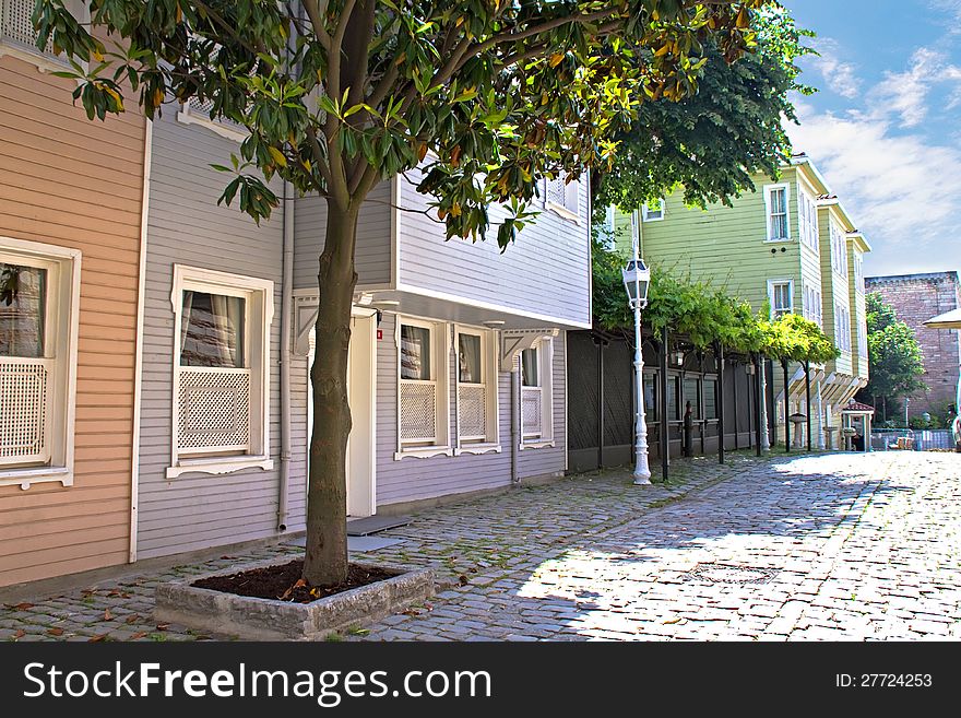 Street with wooden residential houses in the center of Istanbul, Turkey. Street with wooden residential houses in the center of Istanbul, Turkey