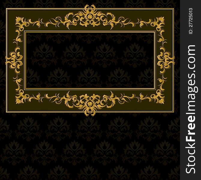 Dark frame with golden vintage border over damask texture. Dark frame with golden vintage border over damask texture