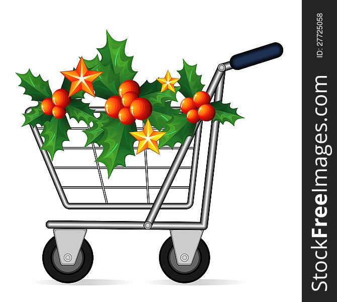 Empty shopping cart decorated with holly with red berries. Empty shopping cart decorated with holly with red berries