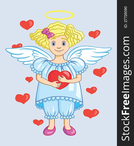 Smiling little angel holding a heart, vector illustration. Smiling little angel holding a heart, vector illustration