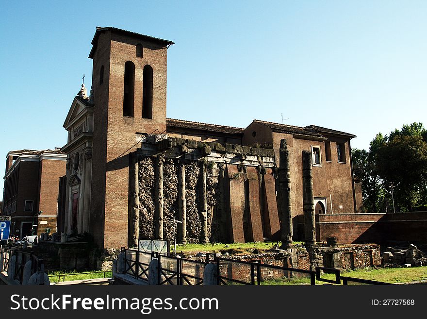 The old church of s. nicola in carcere at rome in italy builded with roman ruins. The old church of s. nicola in carcere at rome in italy builded with roman ruins