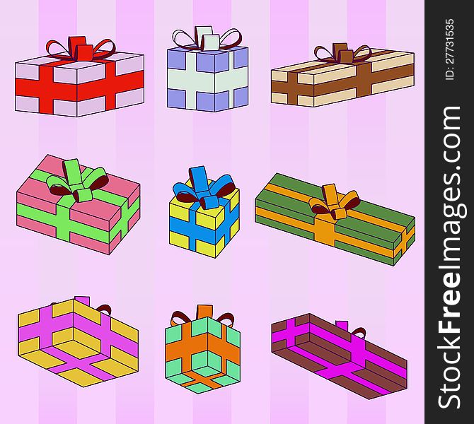 Colorful gift boxes series striped pattern background vector. Colorful gift boxes series striped pattern background vector