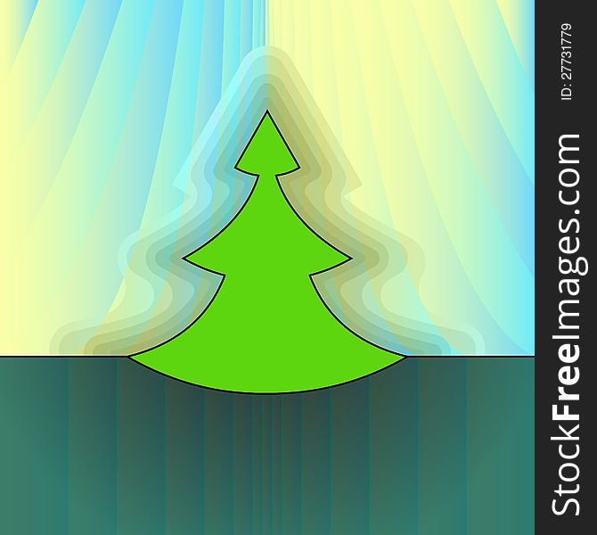 Modern shape christmas tree on light yellow curtain vector card. Modern shape christmas tree on light yellow curtain vector card