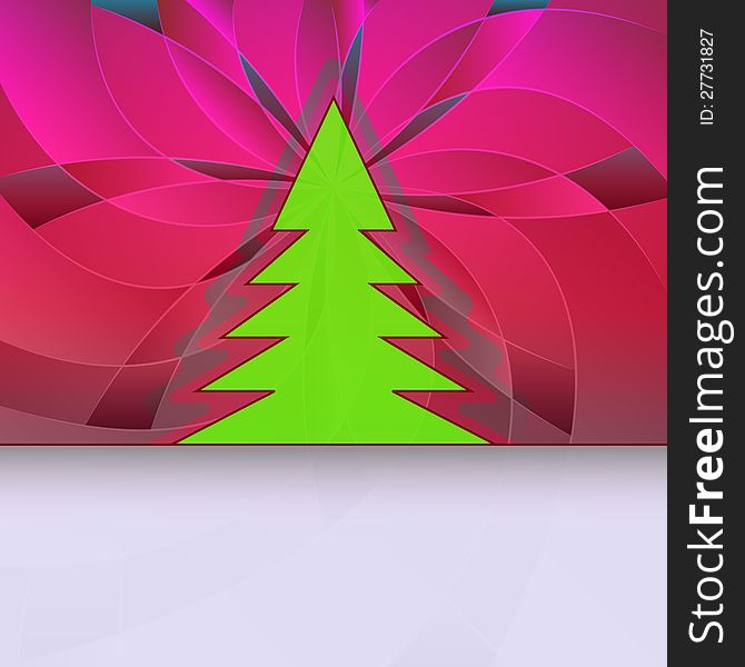 Christmas tree silhouette on red pink floral card motive vector. Christmas tree silhouette on red pink floral card motive vector