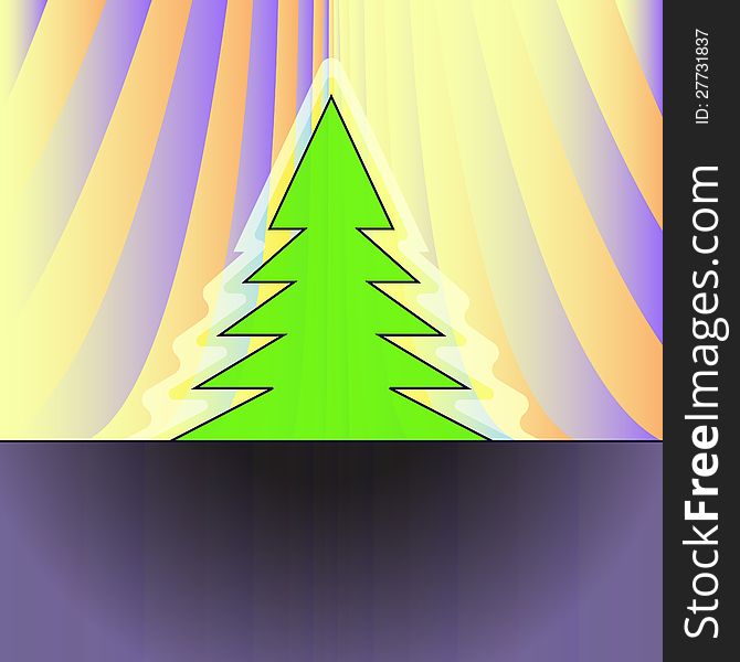 Christmas tree silhouette on orange violet curtain vector card. Christmas tree silhouette on orange violet curtain vector card