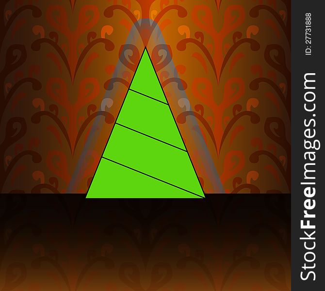 Triangular shape christmas tree on orange floral pattern vector card