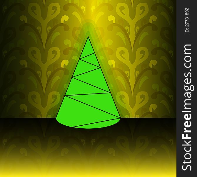 Conical christmas tree on yellow floral pattern