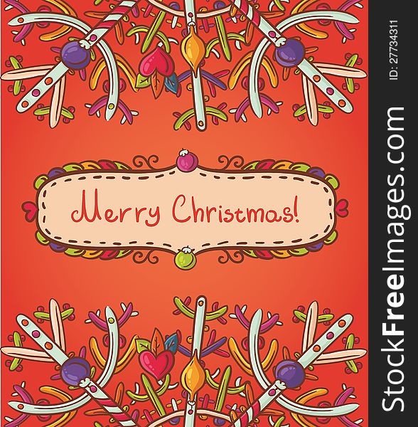 Merry Christmas card with snowflakes on red background