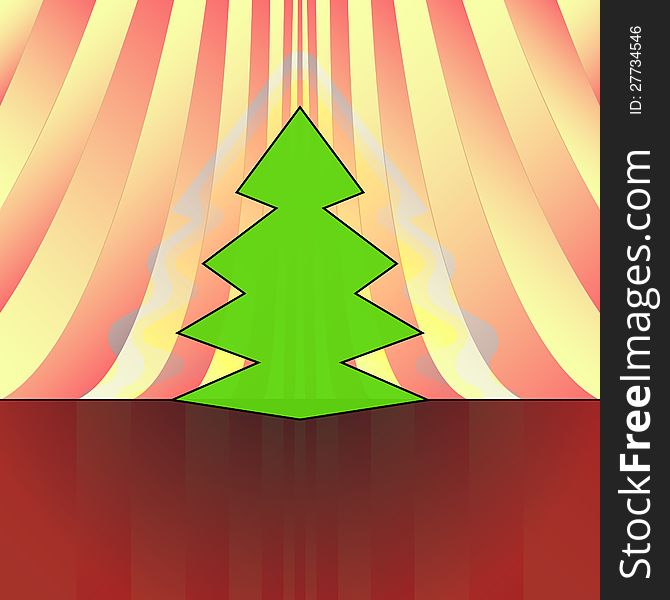 Sharp shape christmas tree on red yellow curtain card. Sharp shape christmas tree on red yellow curtain card