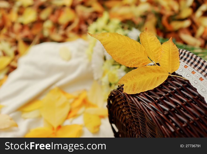 On the background of leaves is woven basket and bouquet of autumn flowers. On the background of leaves is woven basket and bouquet of autumn flowers