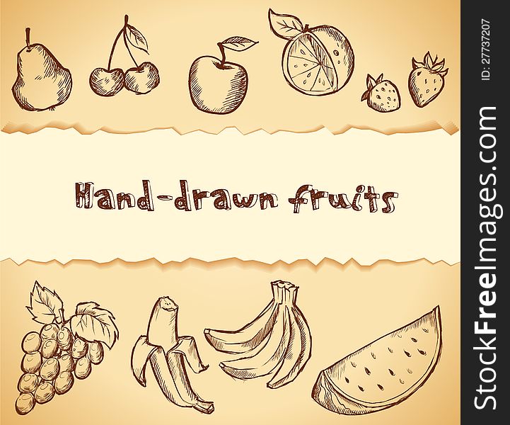 Vintage hand-drawn sketch of fruits icon set. Vintage hand-drawn sketch of fruits icon set