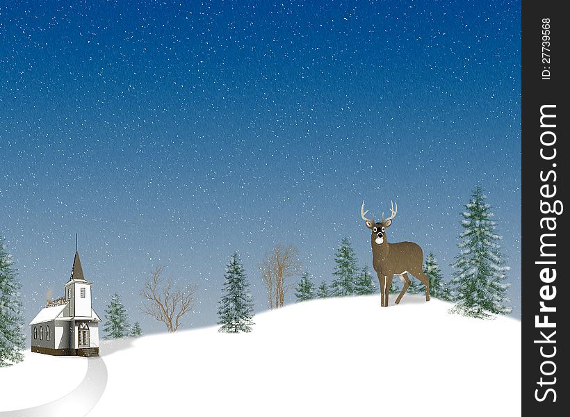 Winter church scene with deer.