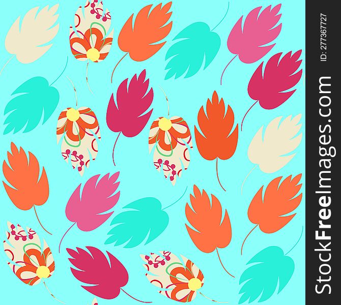 Cute Colorful  Seamless Pattern With Abstract Colorful Green, Orange, Pink Leaves