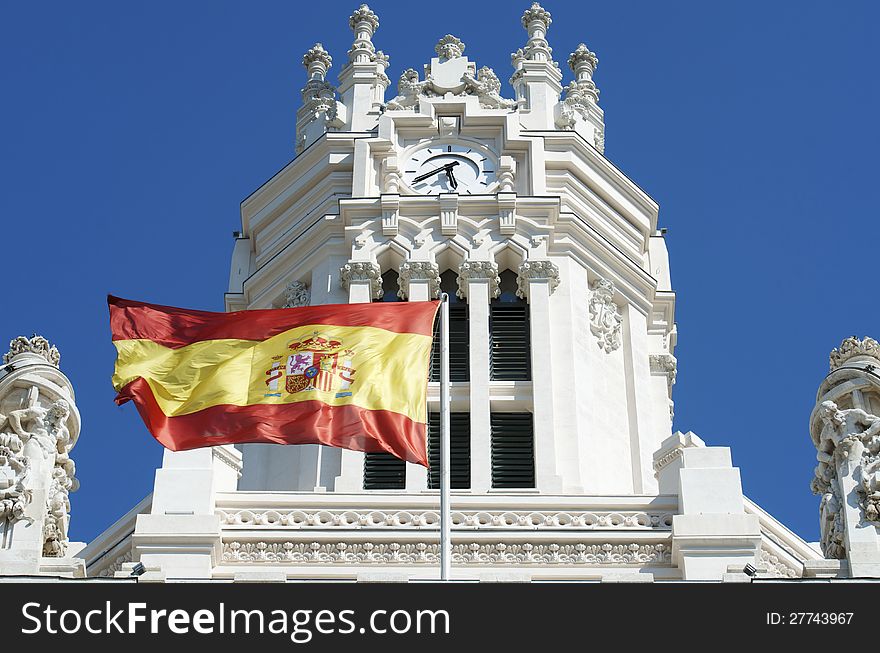 Exterior view of the facade of the Palacio de Cibeles, formerly known as Communications Palace, is the town hall of Madrid, Plaza de Cibeles, Madrid, Spain