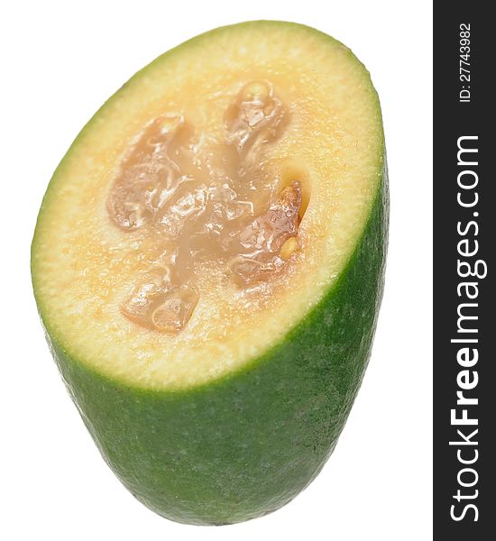 A close-up of feijoa (pineapple guava or guavasteen) fruit cross section isolated on a white background. A close-up of feijoa (pineapple guava or guavasteen) fruit cross section isolated on a white background