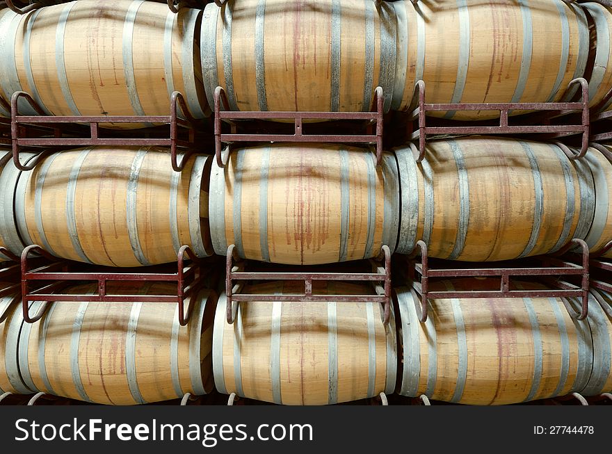 Stacked wine barrels to ferment the wine, La Rioja, Spain