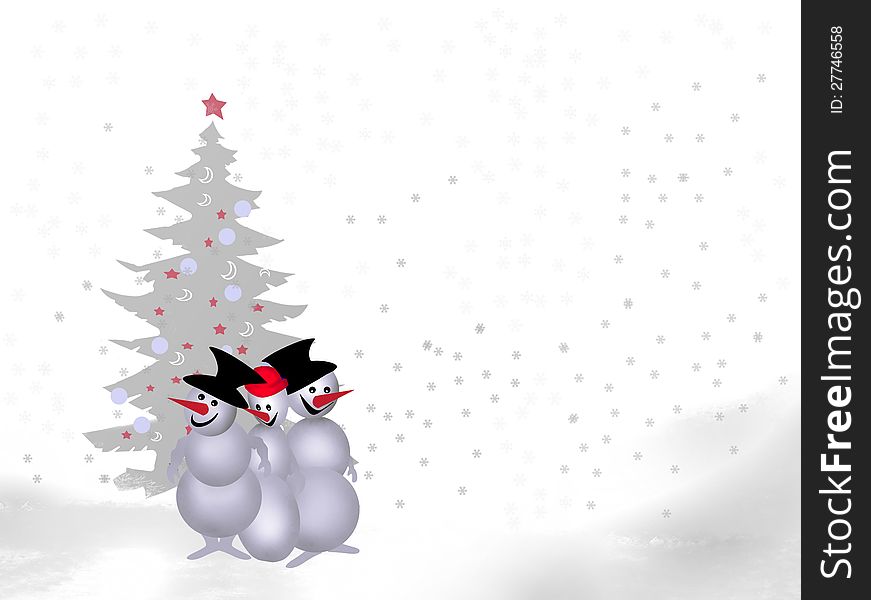 Funny snowman on the background of the Christmas tree's greetings