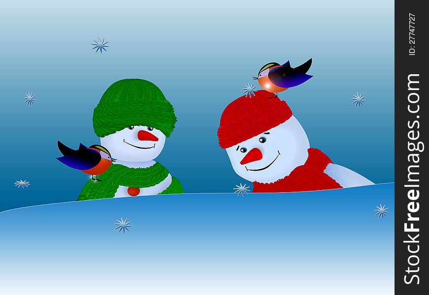 Greeting card with Christmas and New Year. Snowmen in scarves and hats, bird bullfinch. Greeting card with Christmas and New Year. Snowmen in scarves and hats, bird bullfinch.