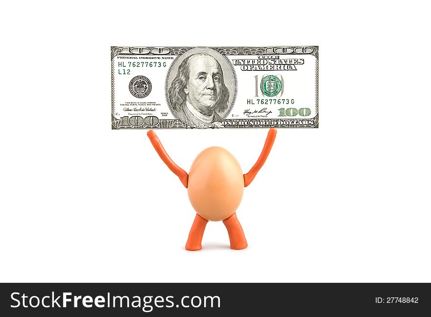 Chicken egg holds a hundred dollars on a white background. Chicken egg holds a hundred dollars on a white background