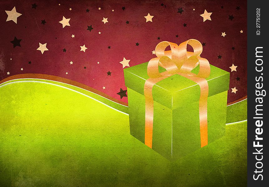 Illustration of green gift box with golden bow on grunge background. Illustration of green gift box with golden bow on grunge background.